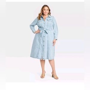Ava & Viv Women's Long Sleeve Denim Shirtdress Light Wash